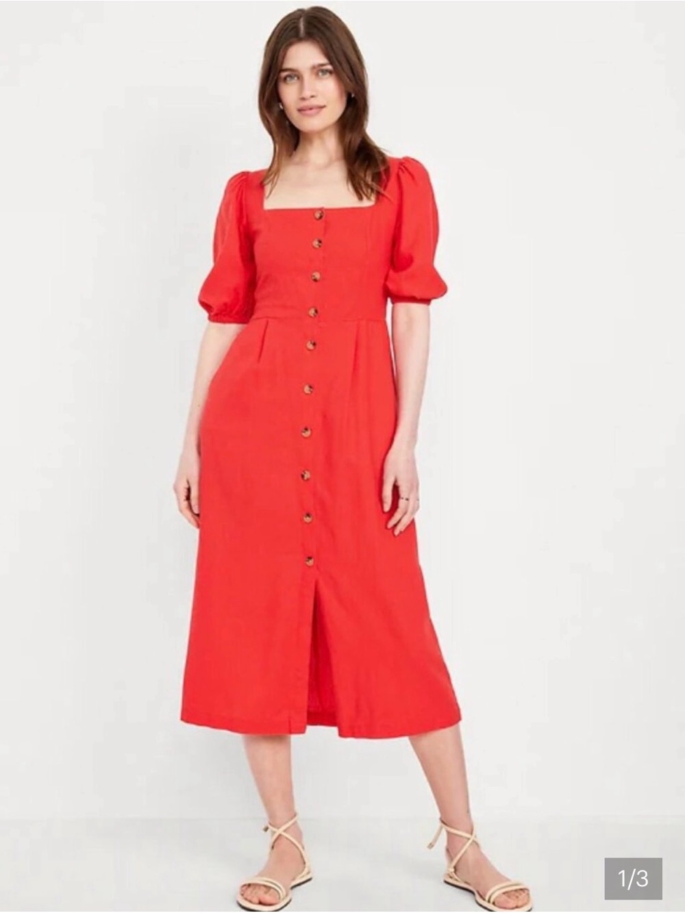 Old Navy Linen Blend Bright Coral Square-Neck Button-Front Midi Dress TALL XL